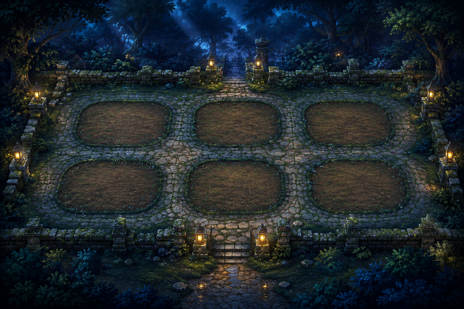 A twilight pixel-art garden with six planting beds, mossy paths, a blue forest and warm lanterns.